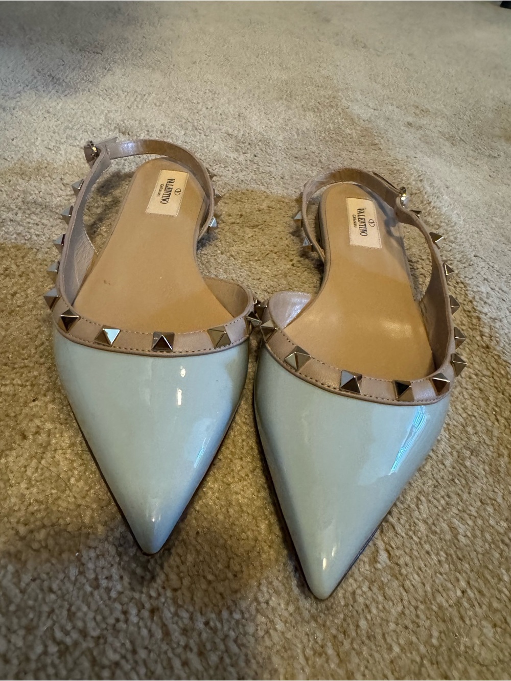 Valentino Blue Patent Pointed Slingback Flats with Beige Studded Trim